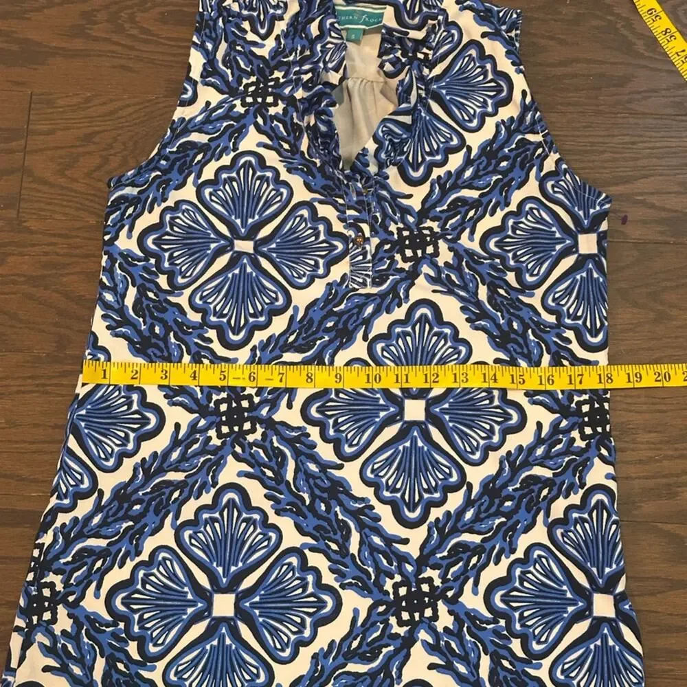 Southern Frock Blue White Sleeveless Ruffle Neck Shift Dress Size Small